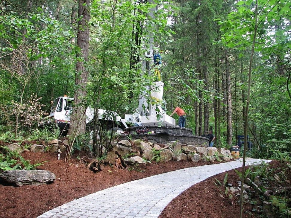 Crane statue paver path