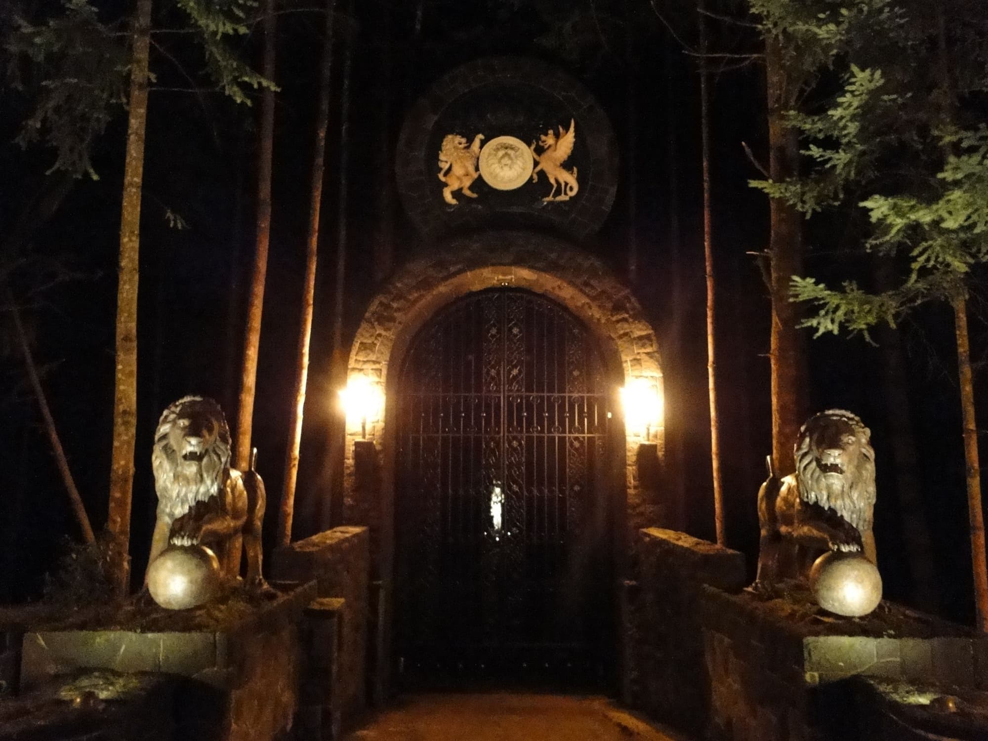 Lion statues gate night