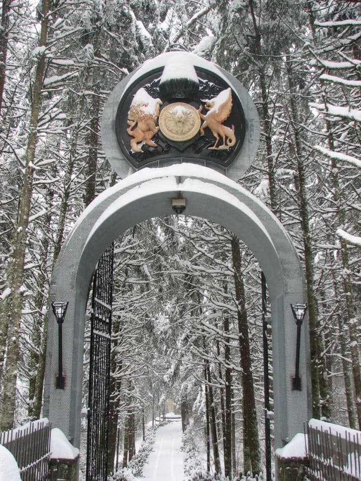 Snowy arch lion dragon crest
