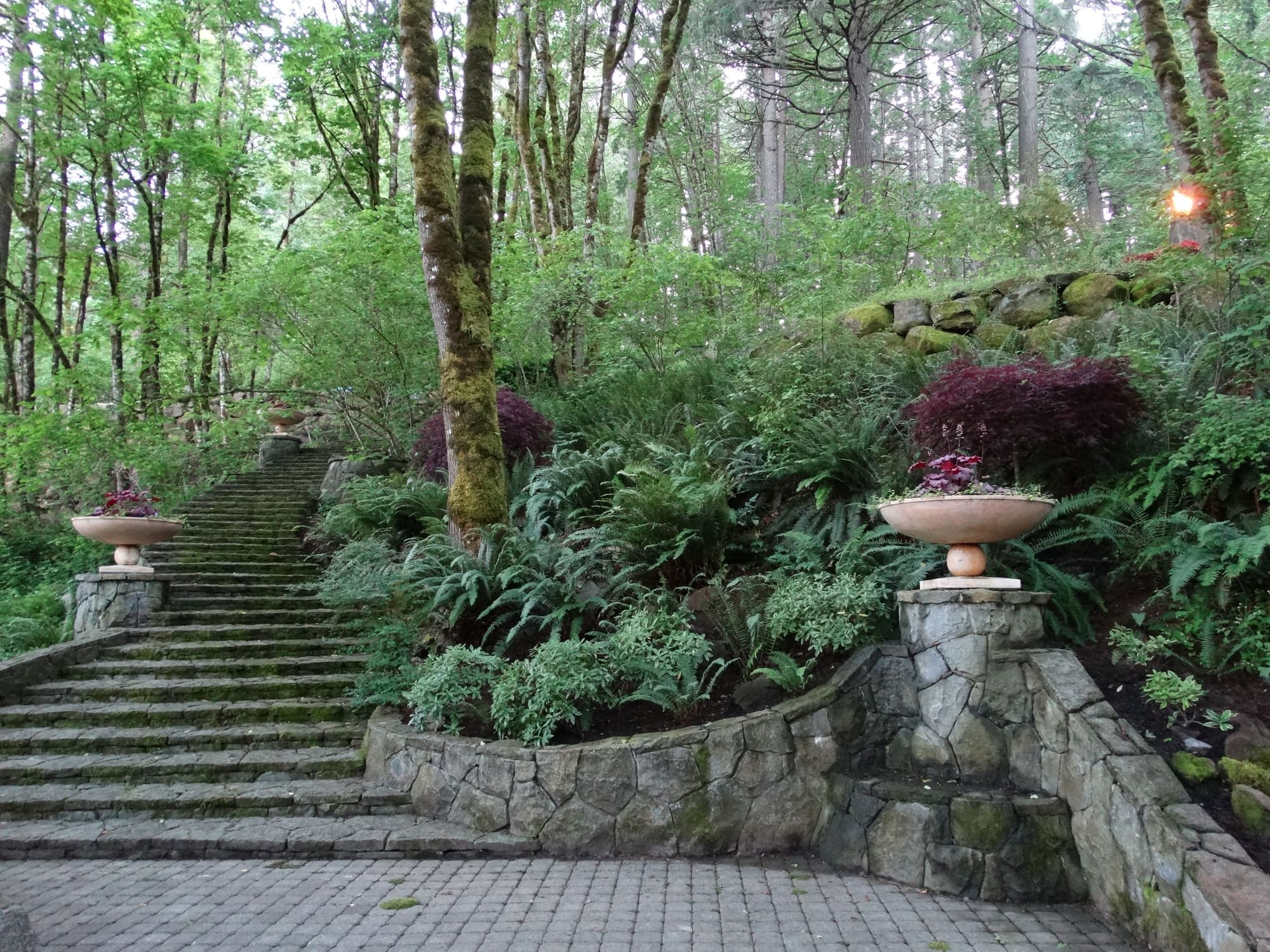 Stone staircase garden urns